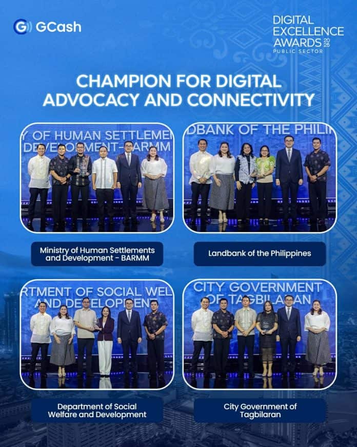 The Bangsamoro Autonomous Region in Muslim Mindanao region's Ministry of Human Settlements and Development receives recognition for being a Champion for Digital Advocacy and Connectivity. From left: Fuse Financing Inc. President and CEO Tony Isidro; GCash Chief Marketing Officer Neil Trinidad; BARMM Ministry of Human Settlements and Development Deputy Minister Aldin Asiri; BARMM Ministry of Human Settlements and Development Policy Development, Coordination and Regulation Division Chief Abdulhamid C. Alawi, Jr.; Department of Finance Secretary Frederick Go; and Mynt President and CEO Martha Sazon