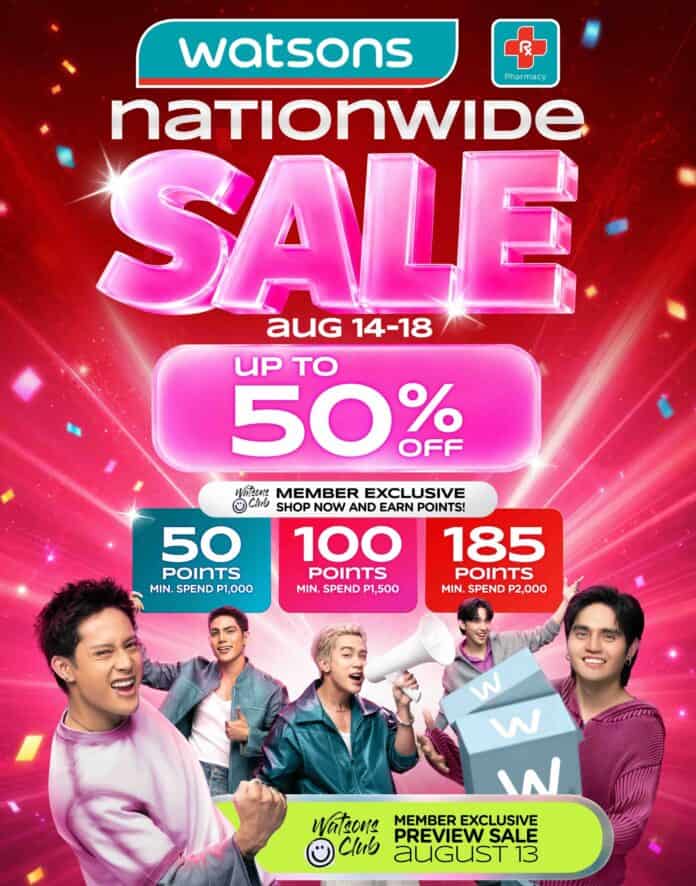Official KV of the Watsons August Nationwide Sale (Aug 14–18) featuring brand ambassadors SB19, highlighting up to 50% off and exclusive perks for Watsons Club members.