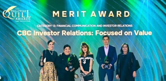 From left: CBC Corporate Communications Officer Hershey Villegas, Marketing Communications Head Aileen Vallesteros, Senior Marketing Consultant Nita Claravall, Investor & Corporate Relations Group Head Gerald Florentino, and Investor Relations Officer Vicky Quisido at the 22nd Philippine Quill Awards on August 27, 2026 at the Solaire Resort in Parañaque City.